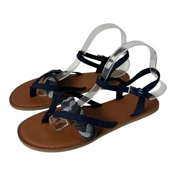 TOMS Lexie Flat Sandals Navy Chambray Shoe Toe Post Ankle Strap Women’s Sz 8.5 - Picture 4 of 8